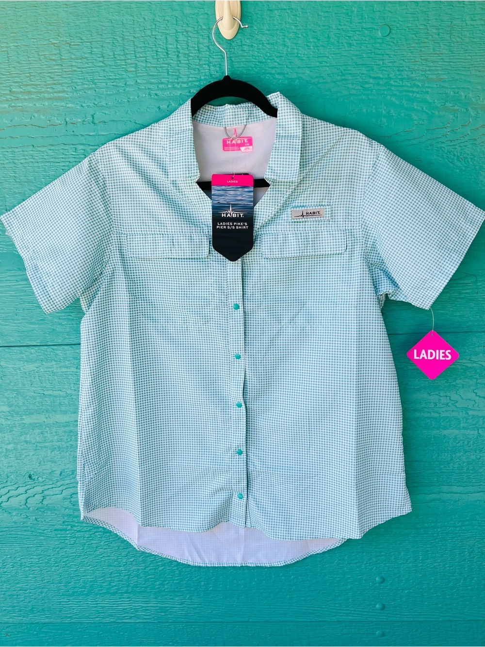 Habit UPF 40+ Pike's Pier Short Sleeve Vented Back Shirt SIZE LARGE NWT GINGHAM